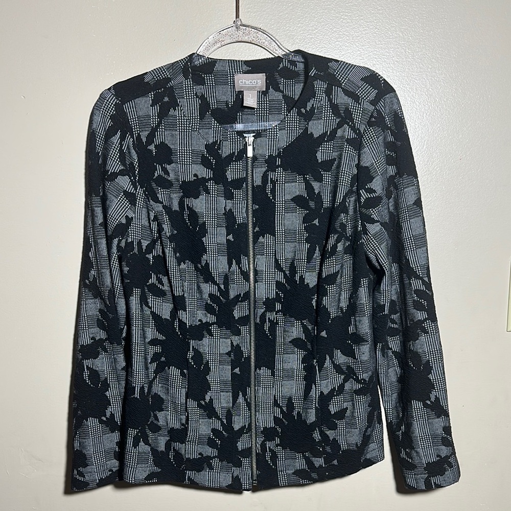 Chico's Black Floral Zip Up Jacket Sweater | 1
